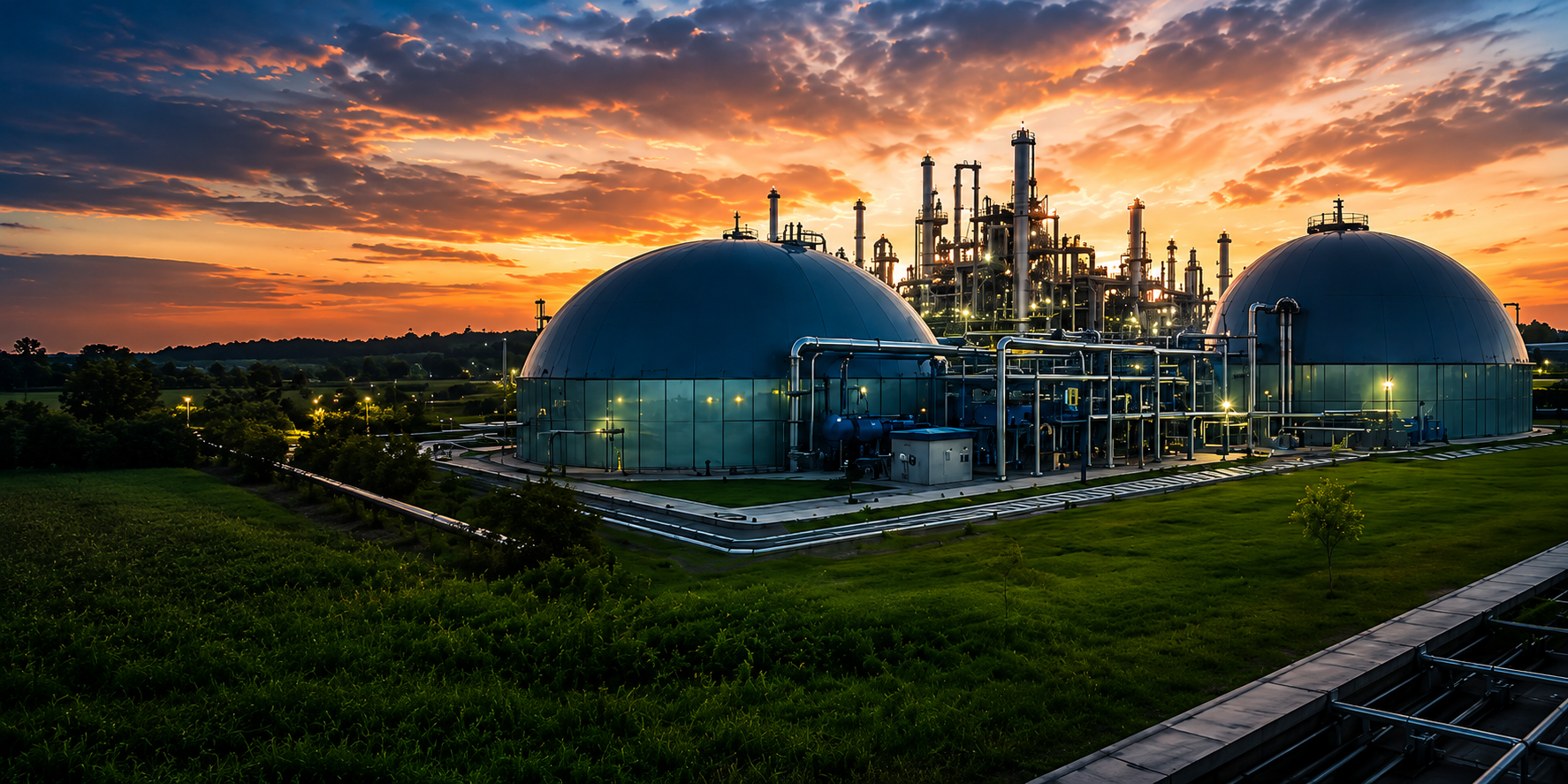 Planta de bioenergia ao entardecer