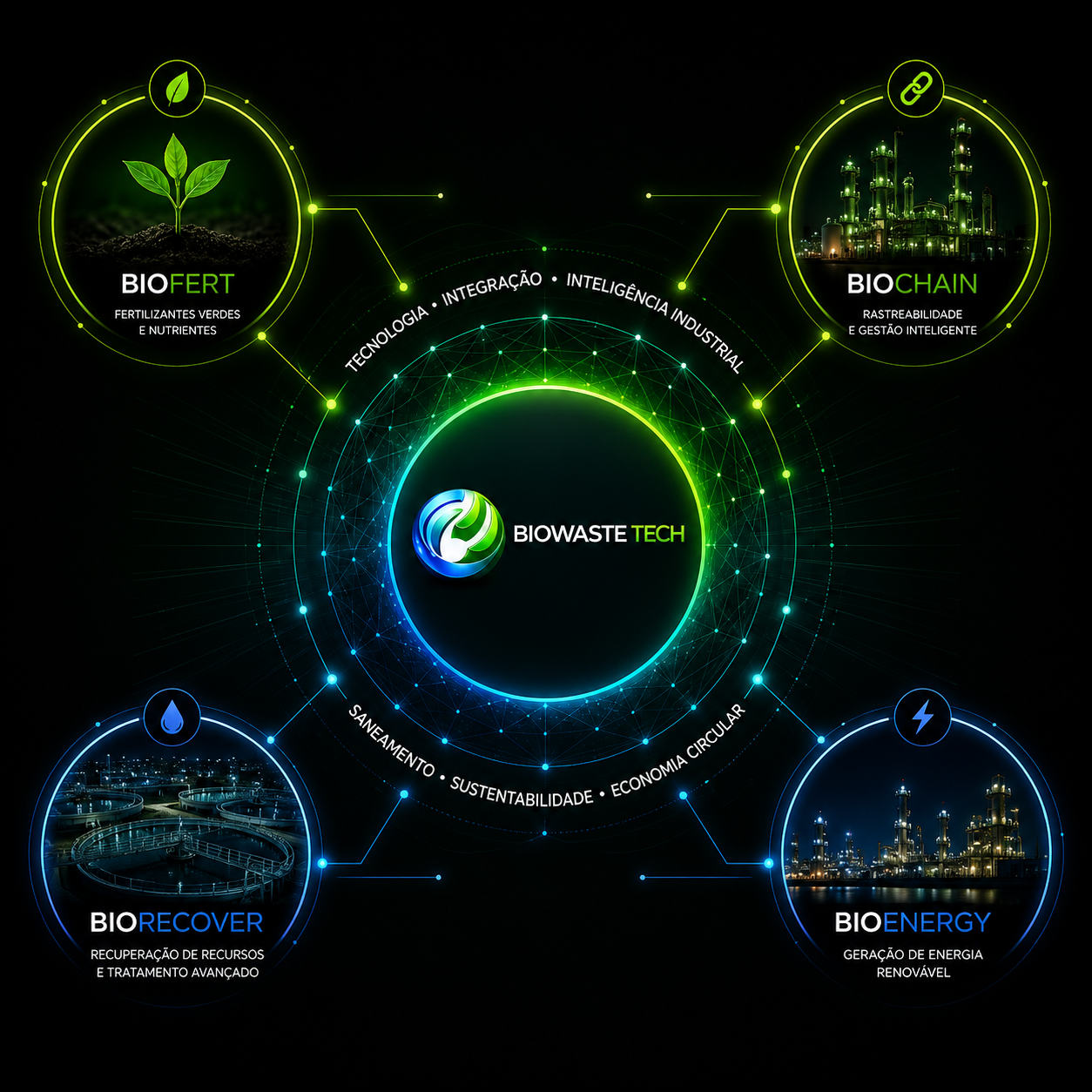 Diagrama da plataforma Biowaste com BioFert, BioChain, BioRecover e BioEnergy